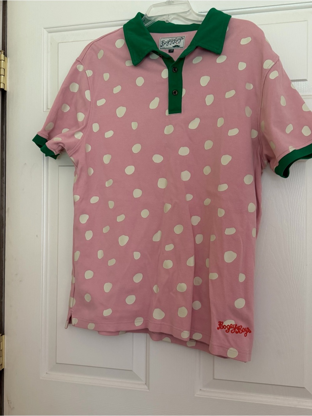 Bogey Boys by Macklemore Pink White Polka Dotted Golf Polo Shirt Size Large L
